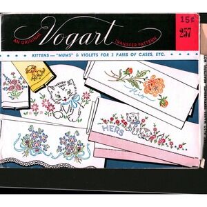 Vintage Vogart 257 Embroidery Transfer Pattern Kittens Mums Violets His Hers